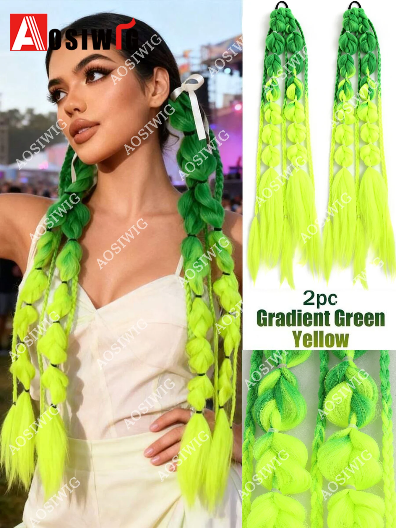 2PC Gradient Bubble Bow Braided Ponytail Extension Synthetic Wrap Around Hair Extension Heat Resistant Hairpiece For Women Cospl
