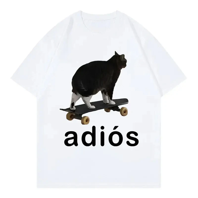 Adios مضحك القط ميمي الجرافيك تي شيرت شارع العليا موضة الاتجاه قصيرة الأكمام تي شيرت المرأة عادية الراحة تي شيرت ملابس حريمي