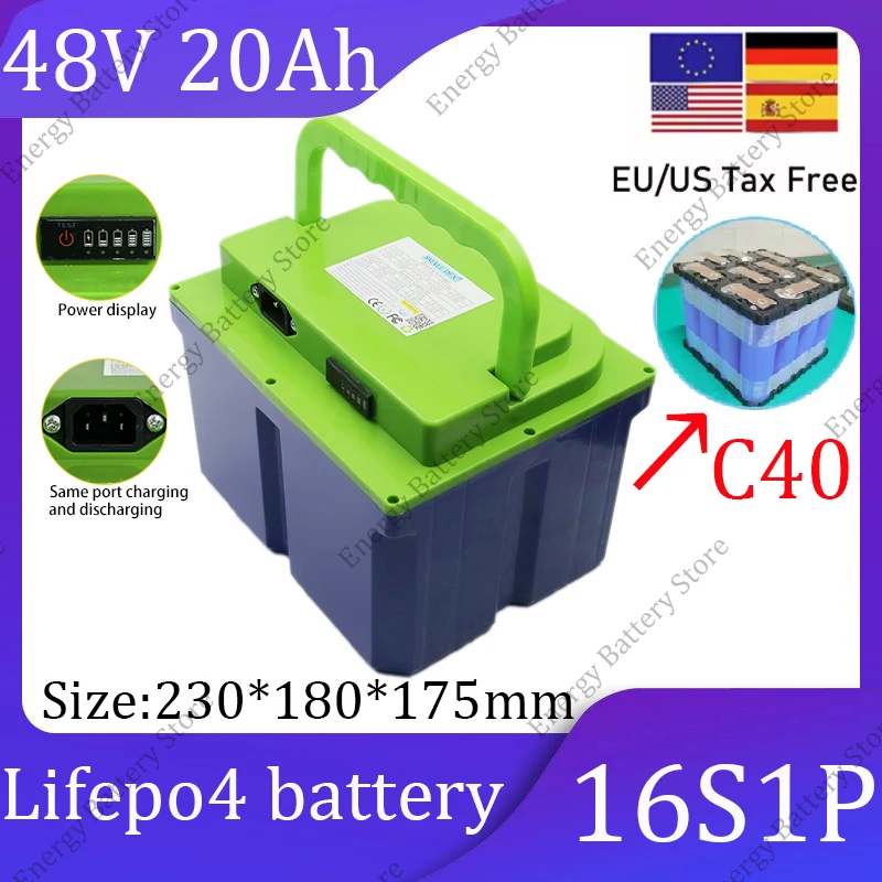 حزمة بطارية Lifepo4 48 فولت 20 أمبير في الساعة 16S1P، مدمجة 30A1500W BMS LED، مناسبة لبطارية يخت RV للسفر والتخييم المحمولة