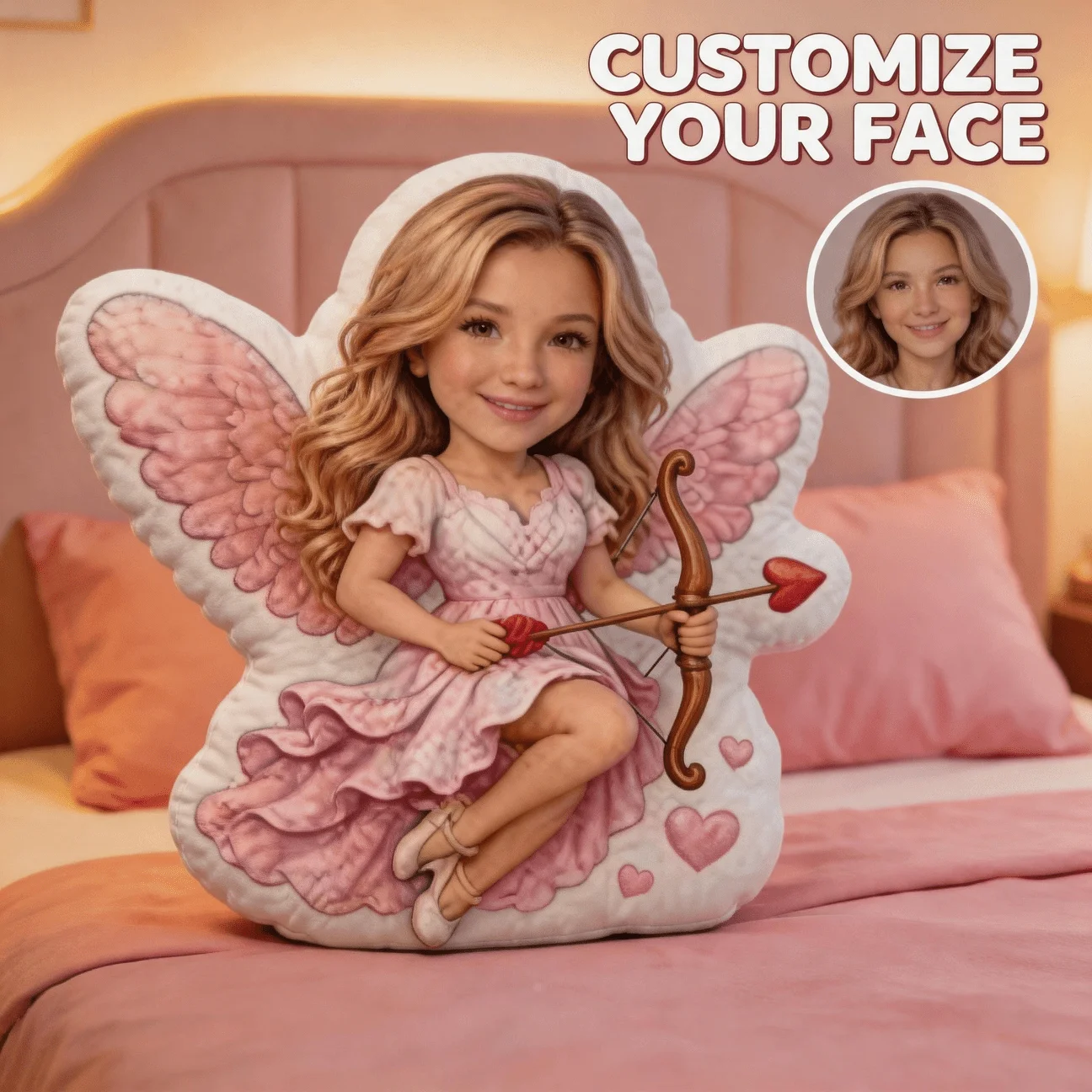 Custom Personalized Photo Face Pillow, Cupid Angel Character Design Custom Shaped Decorative Cushion, 60CM Home Decor Accent Pil