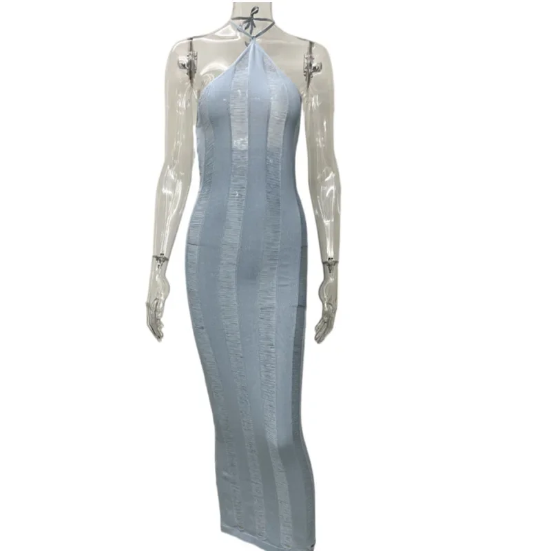 2025 sommer Aushöhlen Gestrickte Spitze Up Halter-Backless Bodycon Maxi Kleid Frauen Sexy Ärmellose Urlaub Strand Lange Robe Cover Up