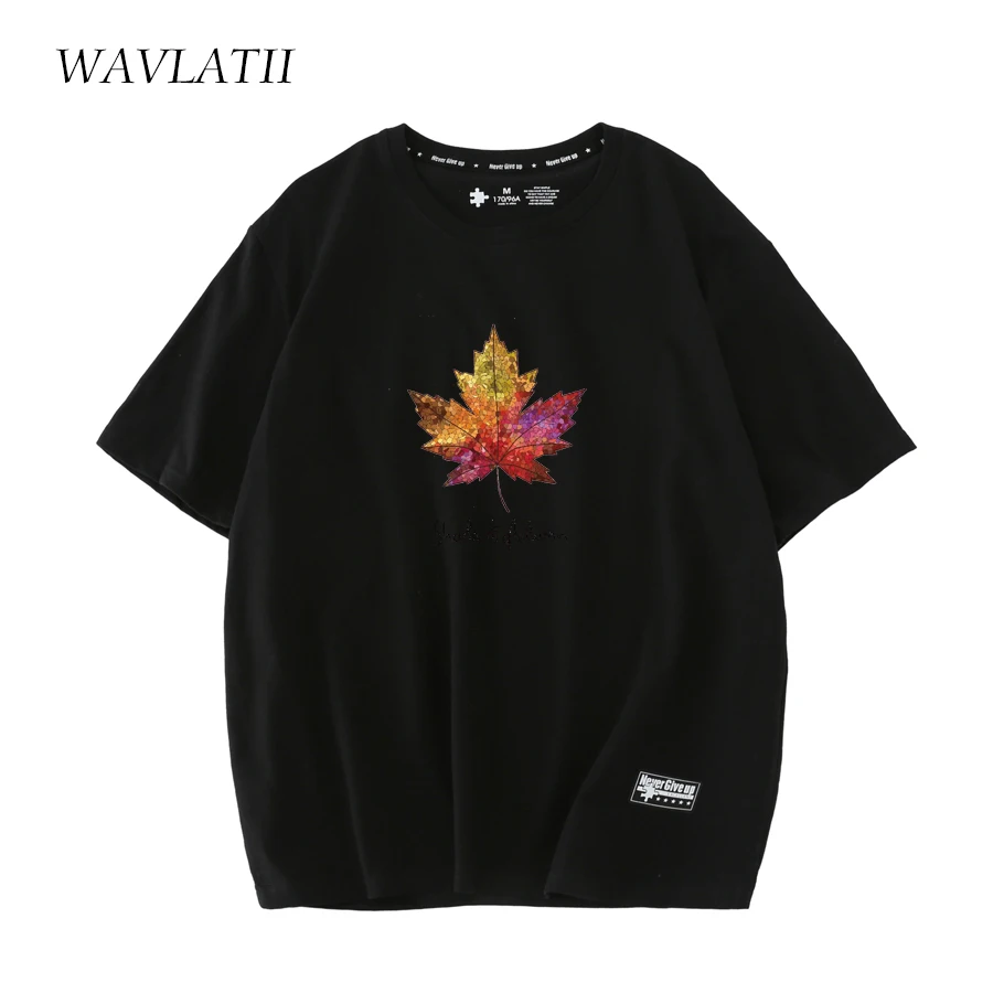 WAVLATII Women New Soft Cotton T Shirts Female Fashion Maple Leaves Printed Tees for Summer Lady Pink Short Sleeve Tops WT2301