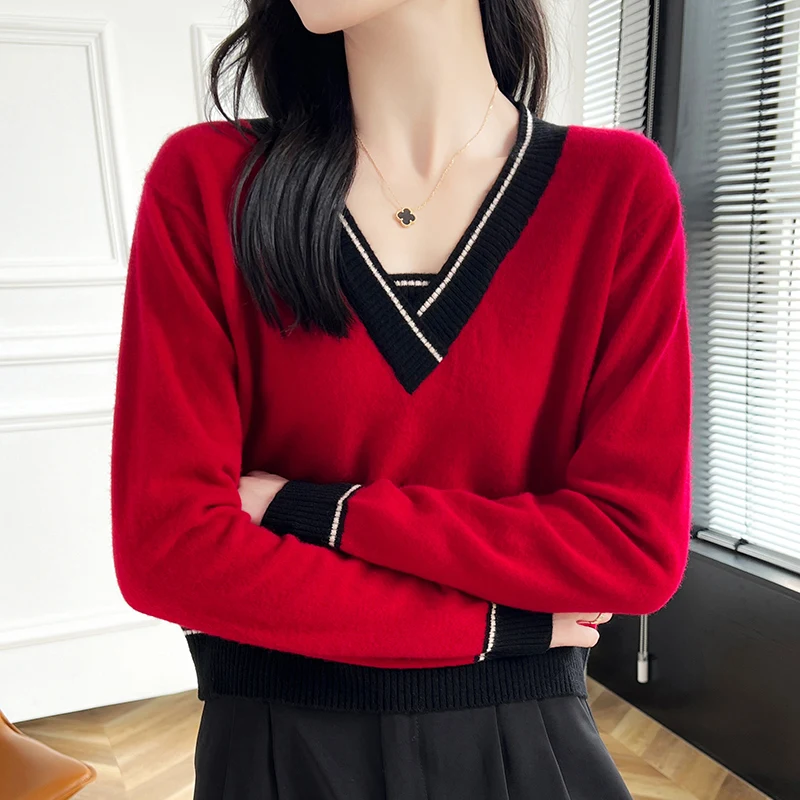 Krótki wełniany sweter damski Pullover Cross V-Neck Long Sleeved 2024 Autumn Winter New Item Color Blocking Fashion Warm High-End