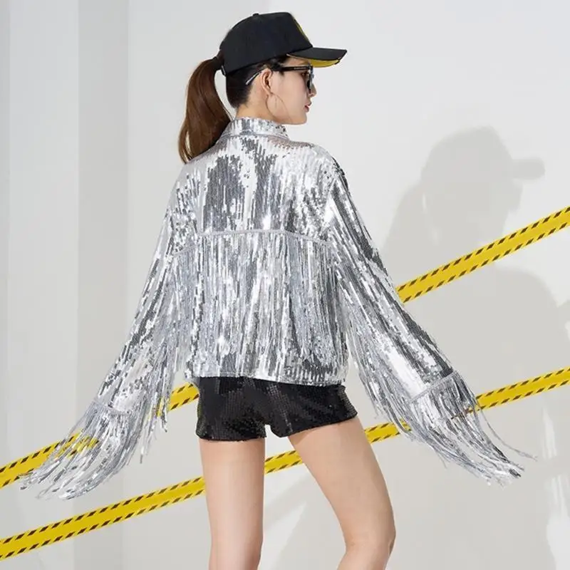 Shining Sequins Fringe Long Sleeve Short Jackets Open Front Glitter Tassels Outerwear for Women Parties Performances