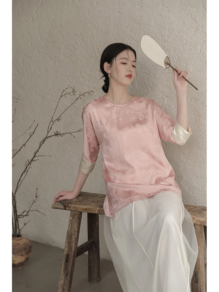 

New Chinese Sle round Ne Silk irt Floral Embroidery Side Button Pink Women's Traditional Costume Top Quali Spring Fas...