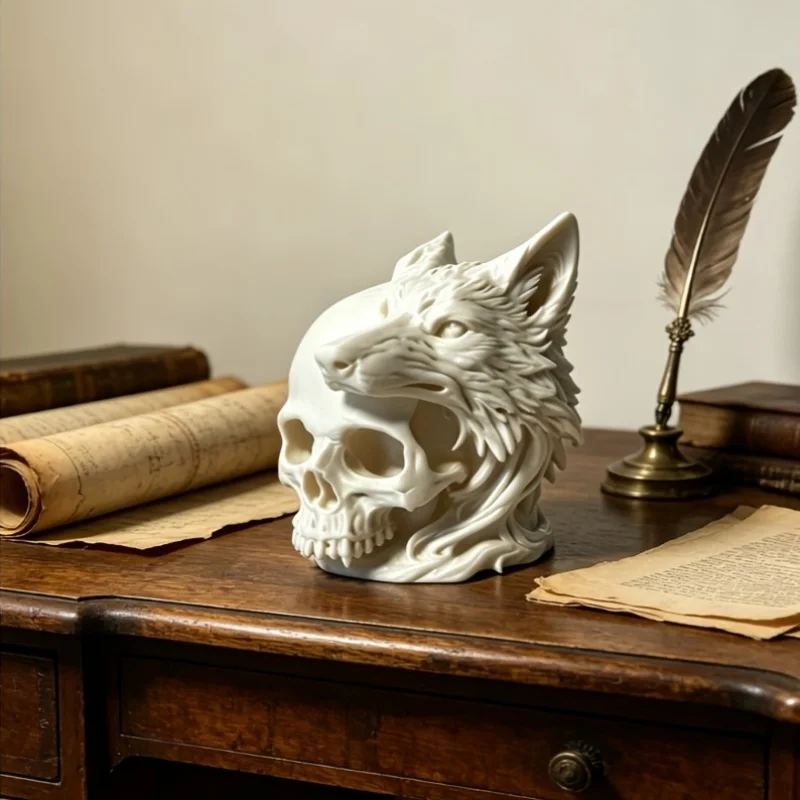 Gothic Style Wolf Skull Sculpture Figurine 3D Printed Cool Wolf Head Skull Statue Art Desktop Ornament Home Bookshelf Decor Gift