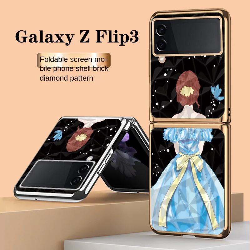 Princess Style with Diamond Pattern, Compatible with Samsung Z Flip3 5G Phone Case, Electroplated Rhombus, Hand-Painted.