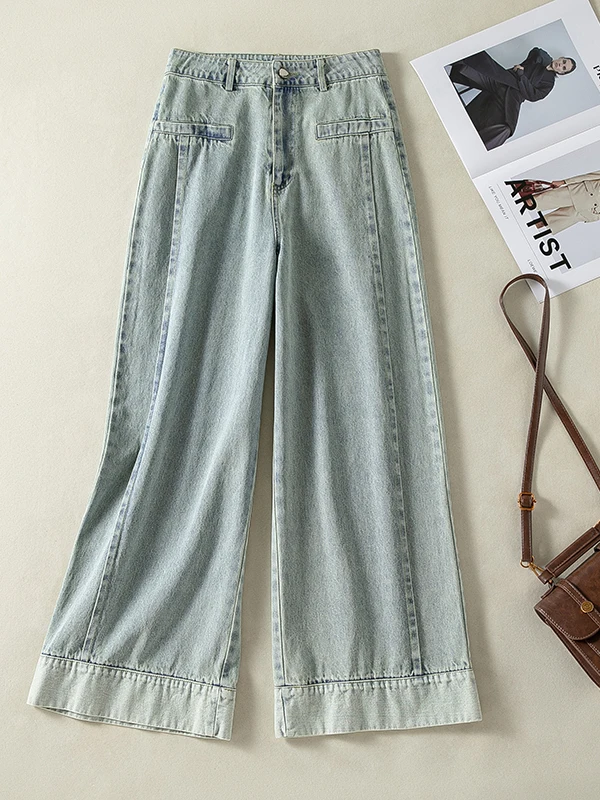 Authentic Vintage Deep Blue Cuffed Design Nine-Tenths Wide Leg Jeans High Waist Straight Leg Pants Women's Casual Cotton Trou...
