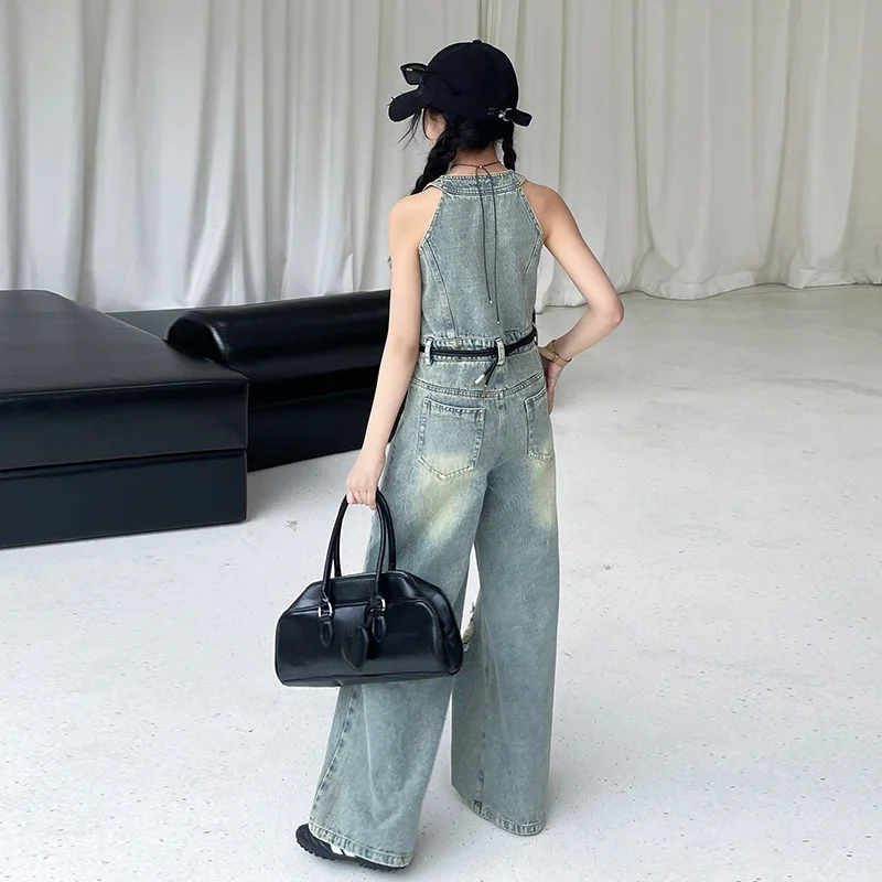 

4-14 summer teen girls big hole denim Jumpsuit junior kids Cowboy vest wide leg overalls children clothing pants kids trousers