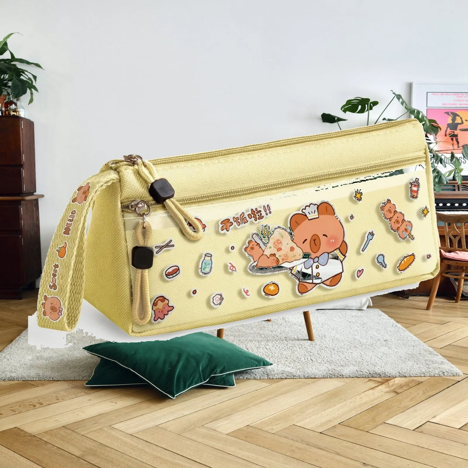 Double-Layer Pencil Case Large-Capacity Pencil Case with Wrist Strap Pen Bag Portable for Students, School, Desk