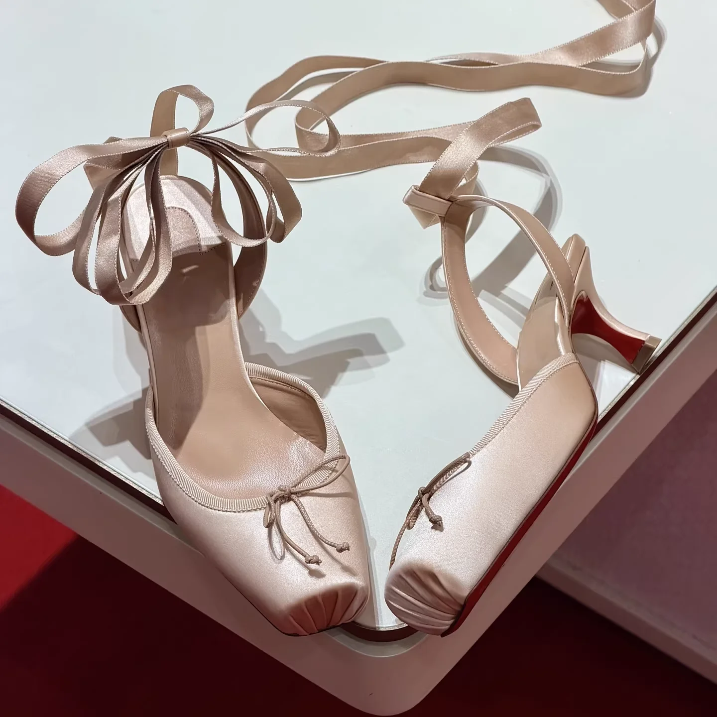 Nude Satin Lace Up Heels for Women, Square Toe Kitten Heel Sandals with Bow, Elegant Red Sole Slingback Pumps for Wedding Party view 6