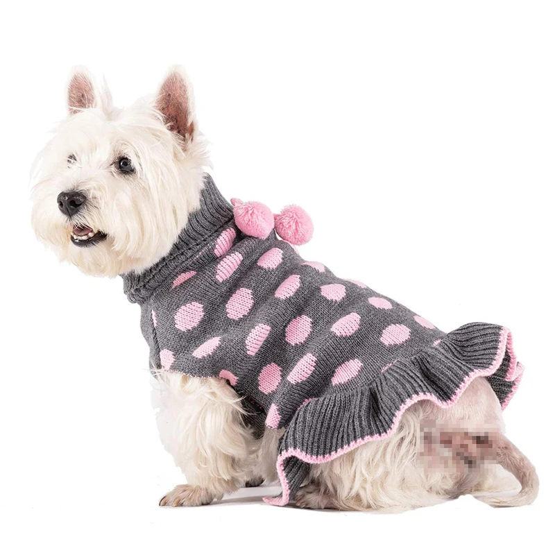 Benepaw Turtleneck Medium Small Dog Sweater Dress Autumn Winter Warm Polka Dot Puppy Sweaters Knitwear Pet Clothes Pom Pom Ball