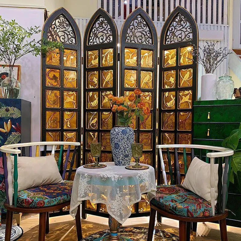 American screen partition block folding living room antique French retro art glass European bedroom black