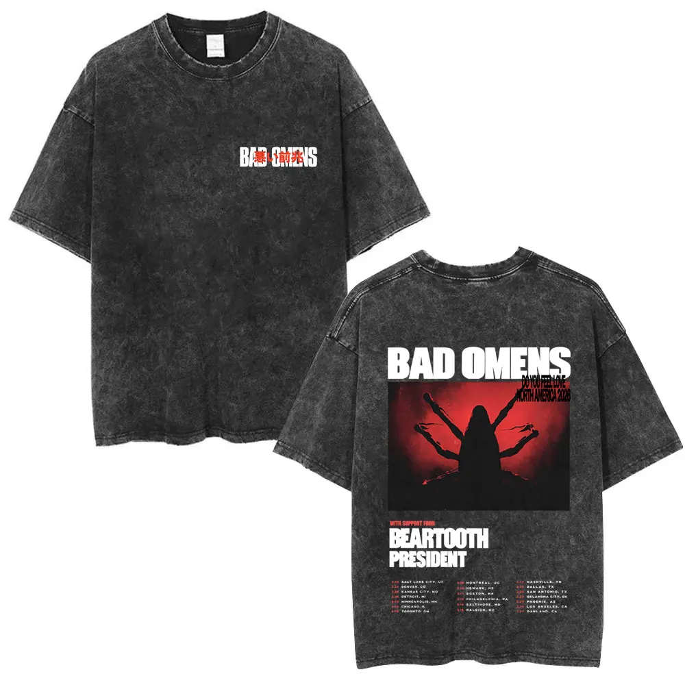 Camisetas con gráficos de la gira europea para hombre y mujer, camiseta informal de gran tamaño con banda de Rock Vintage lavada, Bad Omens Do You Feel Love 2025
