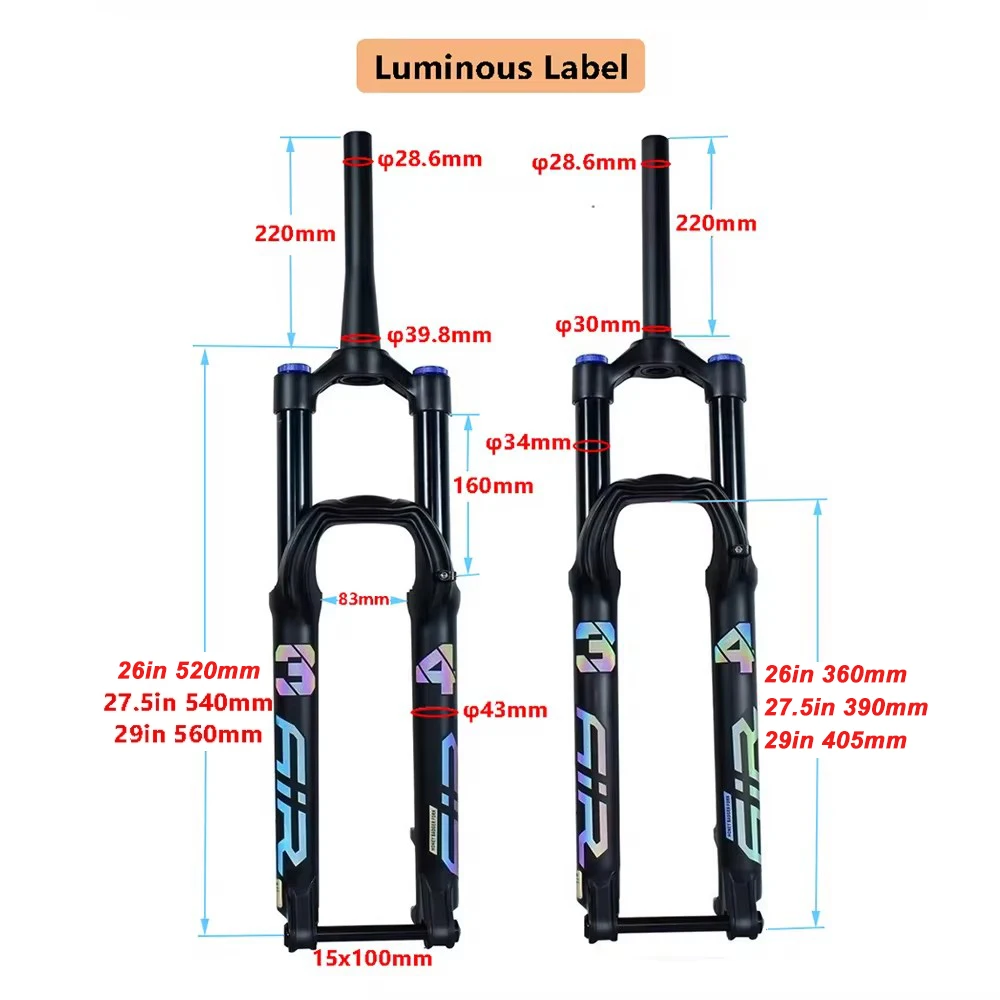 Air Fork Suspension with Damping Adjustment, 26, 27.5, 29 Bike Fork, 34mm Inner Tube, Axle Barrel, 140 Travel, 15x100mm