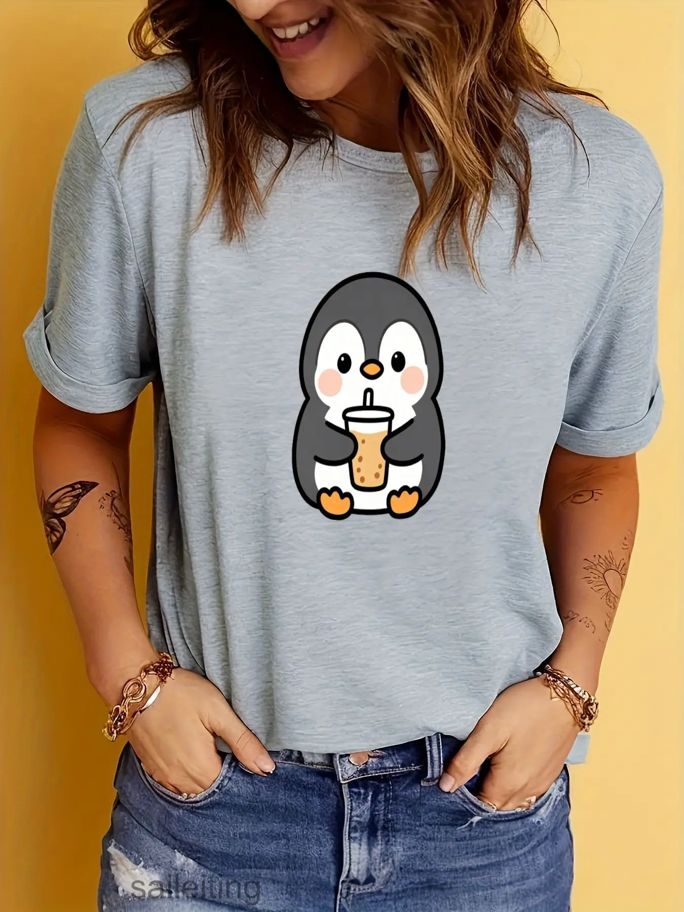 Cute Cartoon Penguin Holding Boba Tea White Short Sleeve T-Shirt for Women Men, Soft Casual Summer Breathable Tee with Rosy C