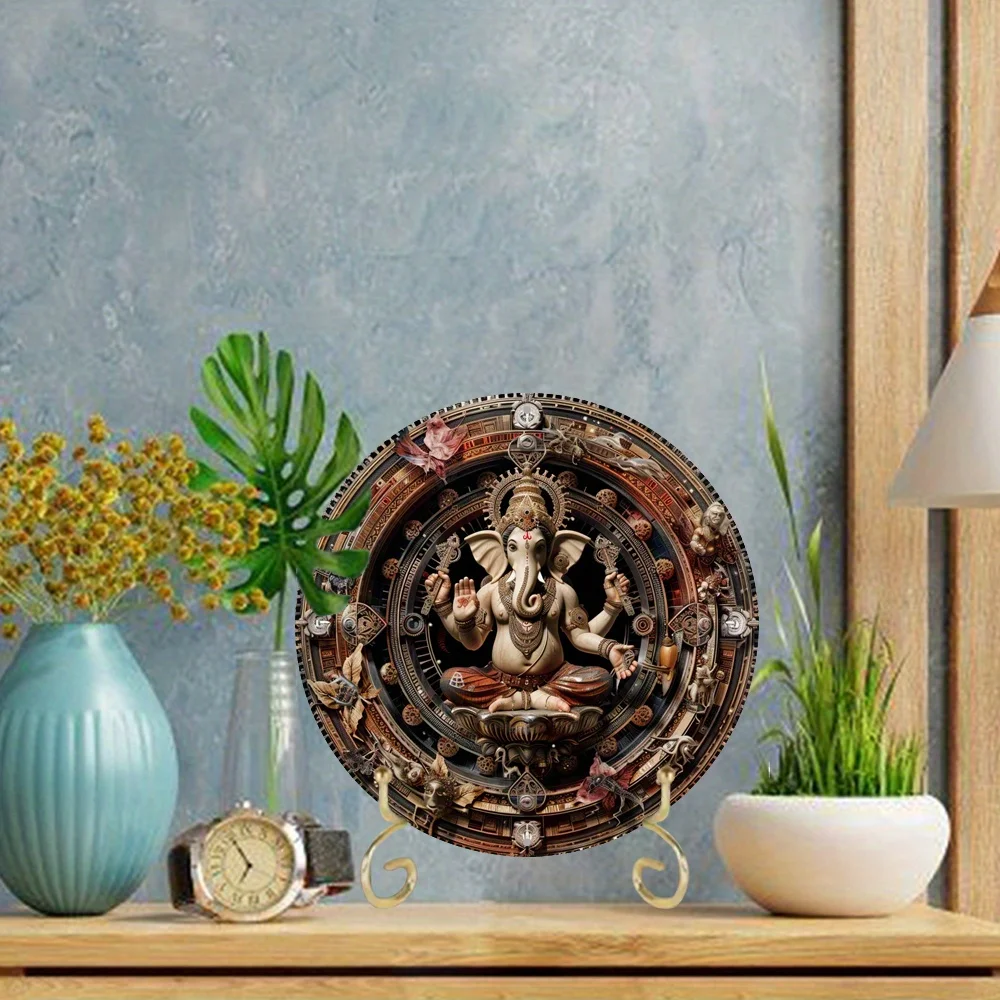 2D Flat Print, Elephant Themed Wreath Decoration, Round Ganesha Aluminum Metal Decor Sign, for Home, Cafe, Perfect Holiday Gift