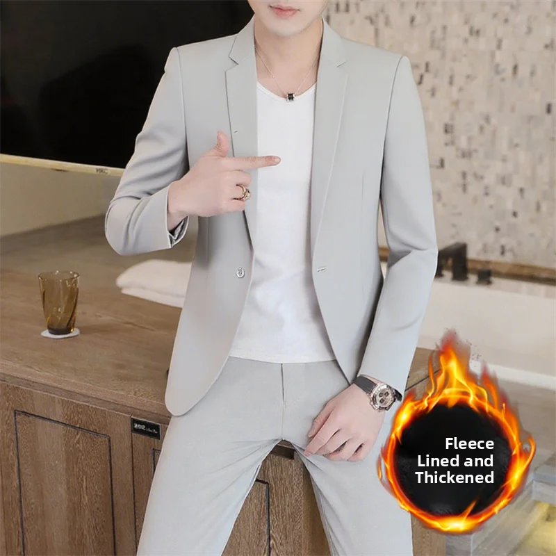 

Корейский мужской утепленный флисовый повседневный костюм-двойка в британском стиле, приталенный, модный, зимний, деловой, верхняя одежда