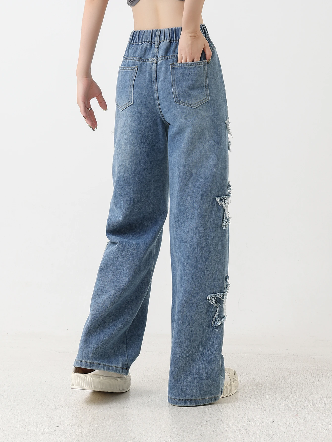 

Vintage-inspired patchwork star loose straight-leg jeans for girls - versatile, trendy, washed-effect casual wide-leg long denim