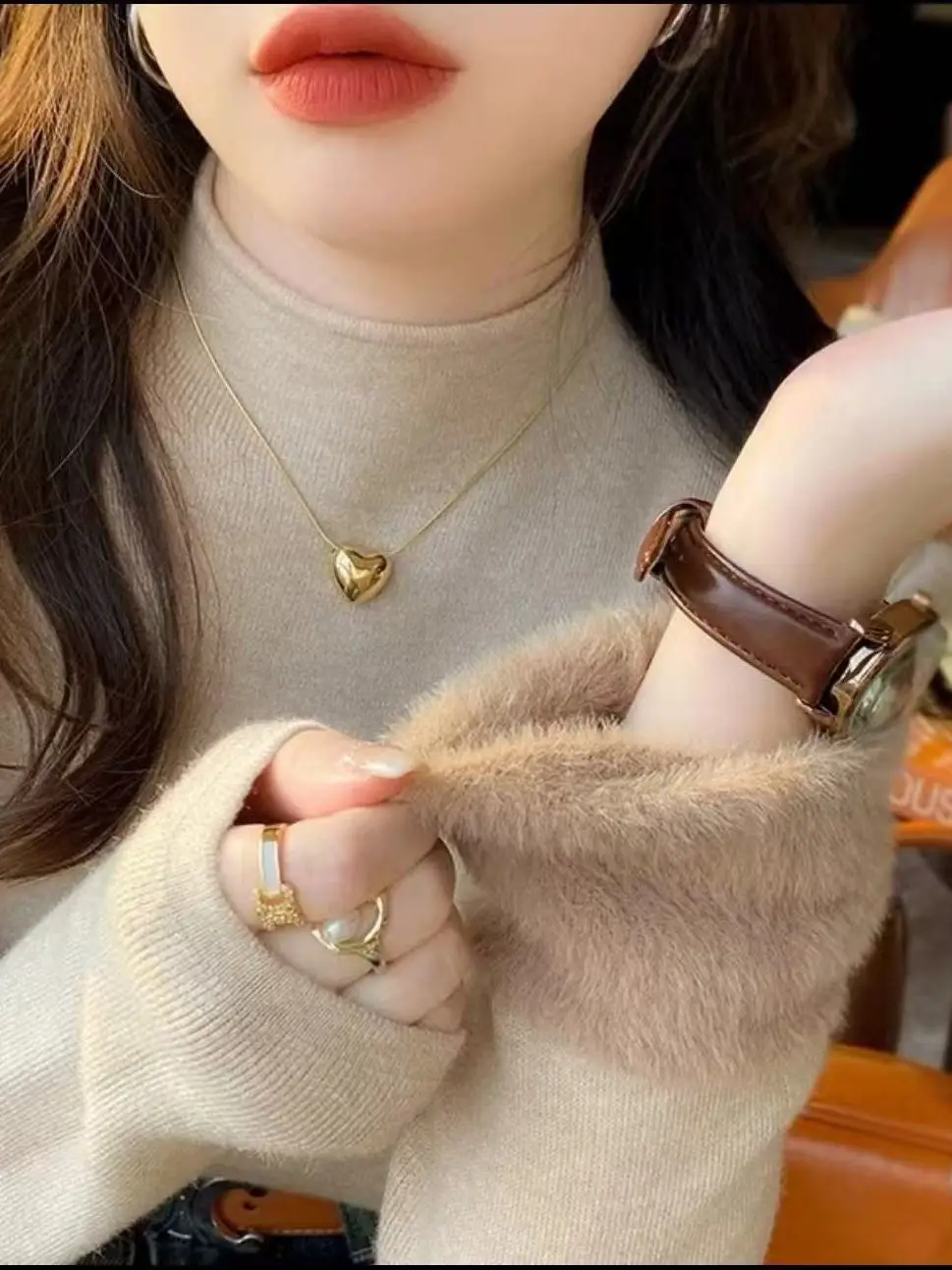 

Thickened Fleece Women's Knitted Sweater Half High Collar Autumn Winter Warm Fluffy Soft Long Sleeve Casual Base Layer Top