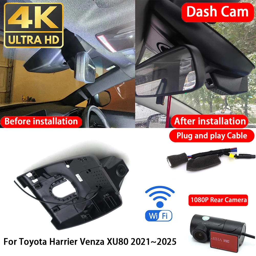 Cámara para Auto 4K con Wifi, Plug & Play, Grabación en Bucle, para Toyota Harrier Venza XU80 2021~2025, Grabación Delantera y Trasera