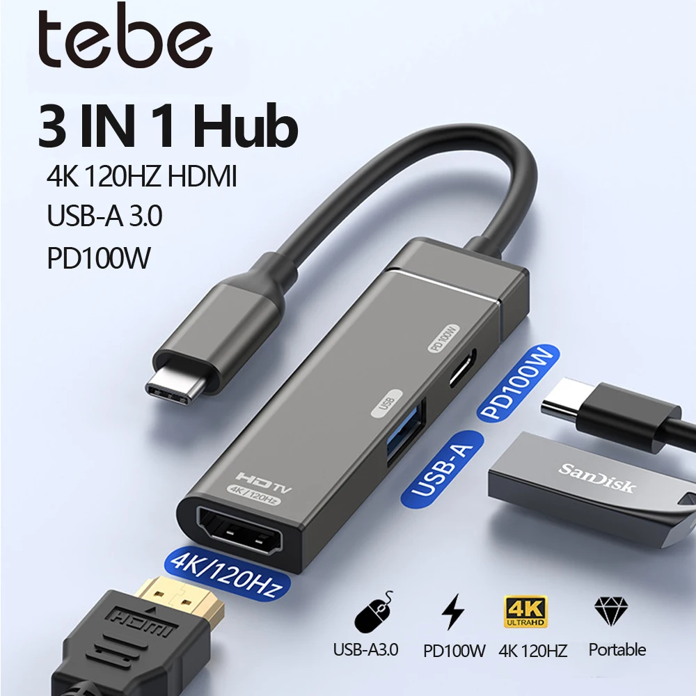 

Tebe 3 IN 1 USB C Hub Type-c to 4K 120HZ HDMI-Compatible USB3.0 Data 100W PD Type-c Charging Adapter USB-C Docking Station