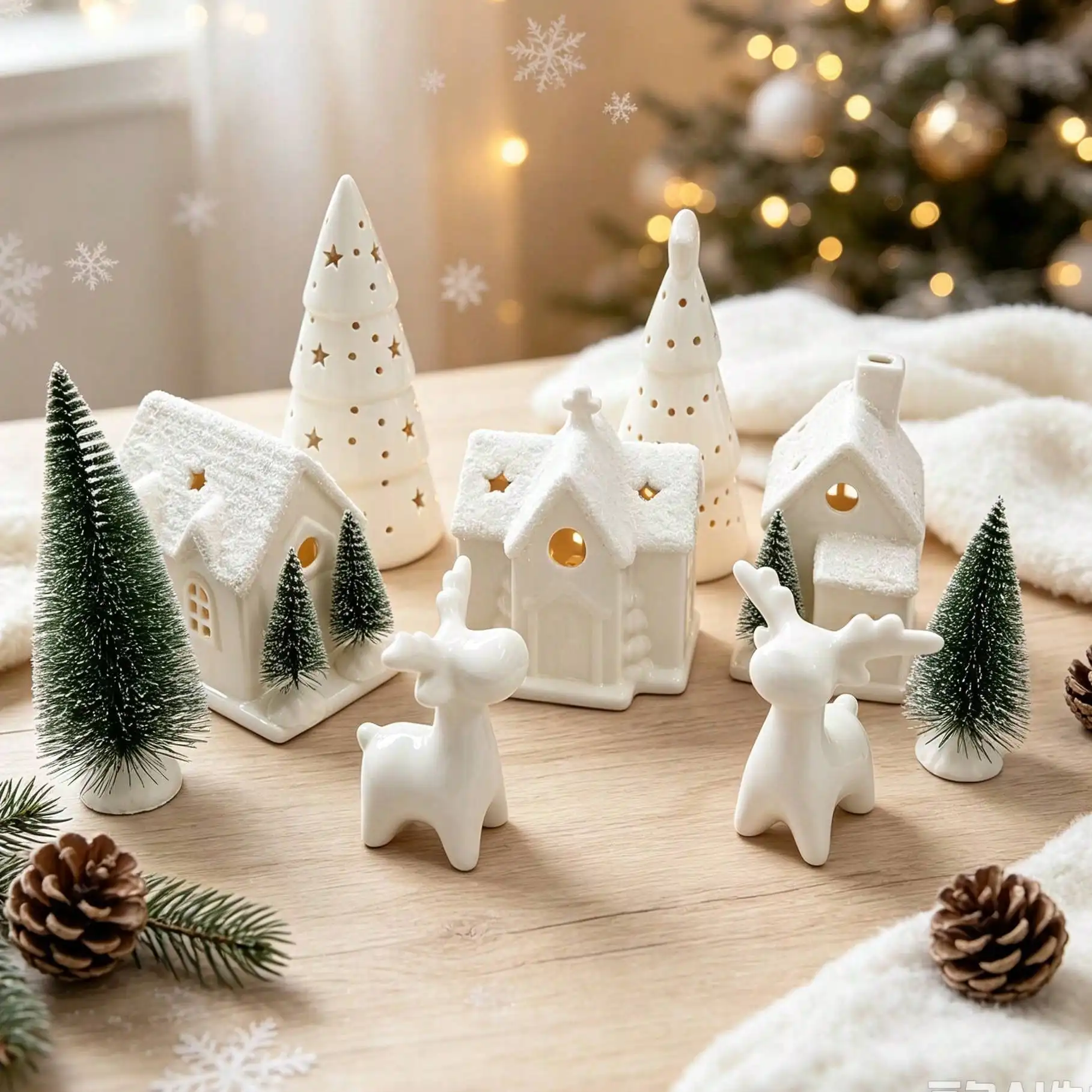 Winter Wonderland Christmas Decoration Set – 12-Piece Village Display With Houses, Ceramic Trees & Reindeer, Festive Tabletop Ornaments For Mantel, Shelves & Centerpieces – Holiday Gift Set