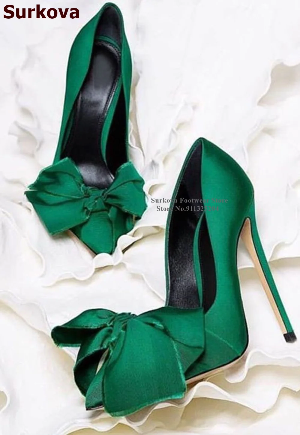 Surkova Dark Green Satin Fabric Stiletto Heel Shoes Big Silk Cloth Bowtie Wedding Pumps Luxury Shallow Evening Shoes 12 10 8cm