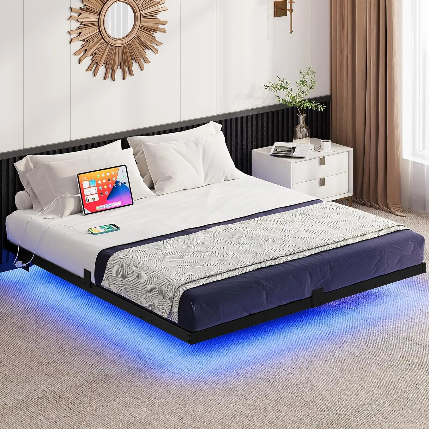 Yitahome Floating Bed Frame Queen Size, Led Bed Frame With Charging Station, Metal Platform Queen Bed With Heavy Duty Steel