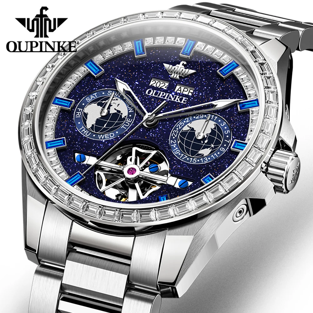 OUPINKE 3280 Luxury Automatic Mechanical Men's Watch Full Diamond Starry Sky Dial Flywheel Waterproof Wristwatch Man
