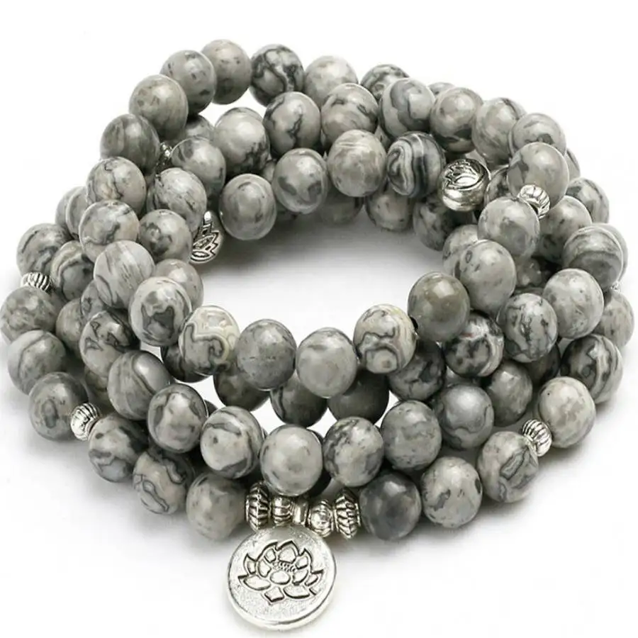 

8mm 108 Grey stone Buddha beads Silver Pendant Bracelet Bodhi Men's Spiritual Mala zazen Chakra Zen Bead Meditation Bohemian