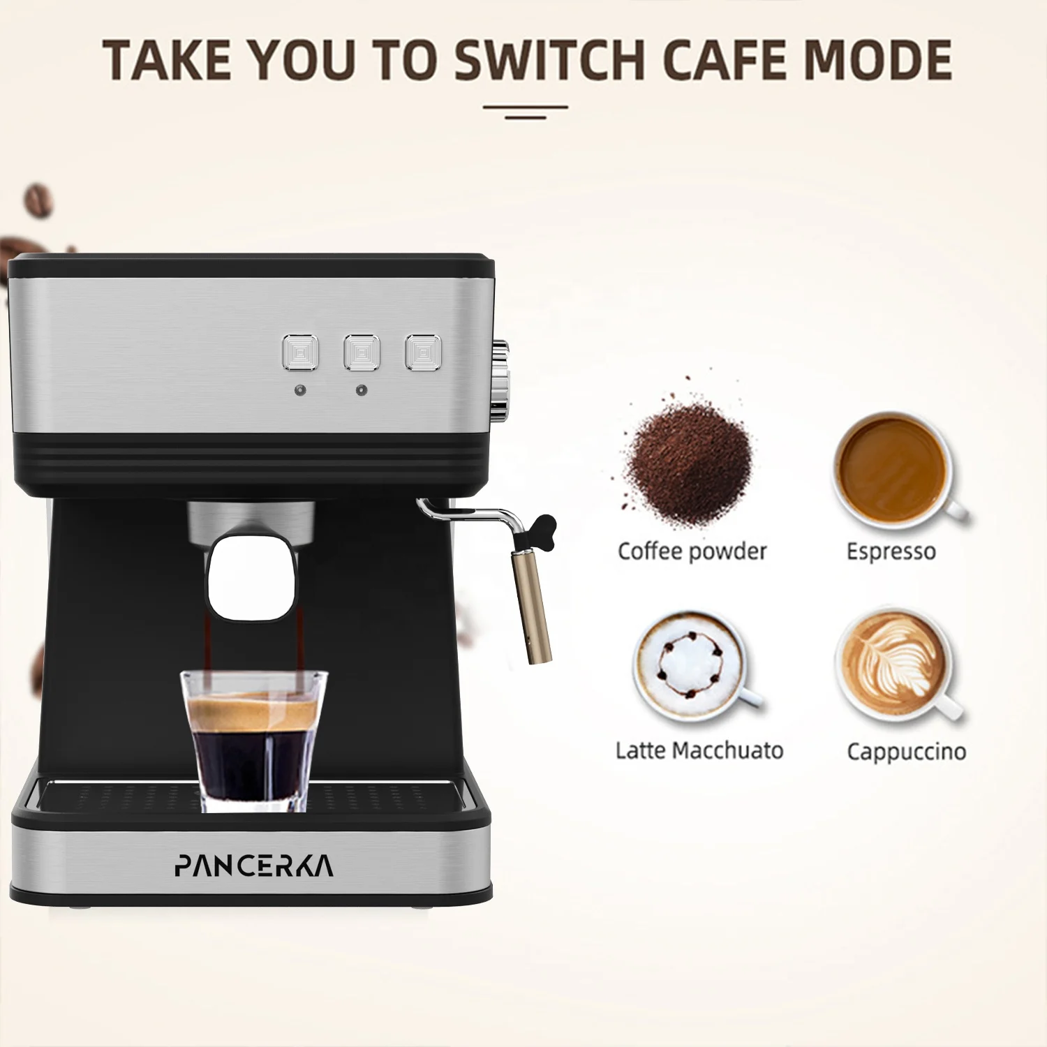 PANCERKA وصول جديد 2 في 1 منزلية ارتفاع ضغط 19 بار ماكينة اسبريسو معدنية ماكينة صنع القهوة التجارية مع رغوة الحليب