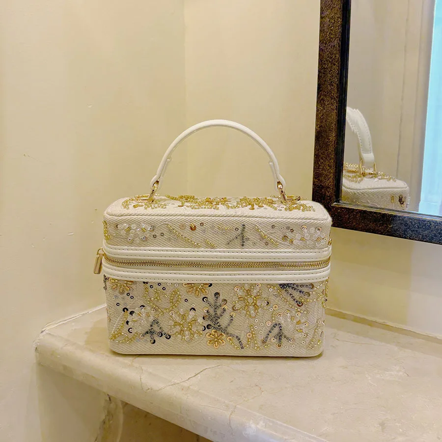 New heavy industry beaded embroidery handbag small square bag gentle temperament hand carry box bag shoulder messenger bag