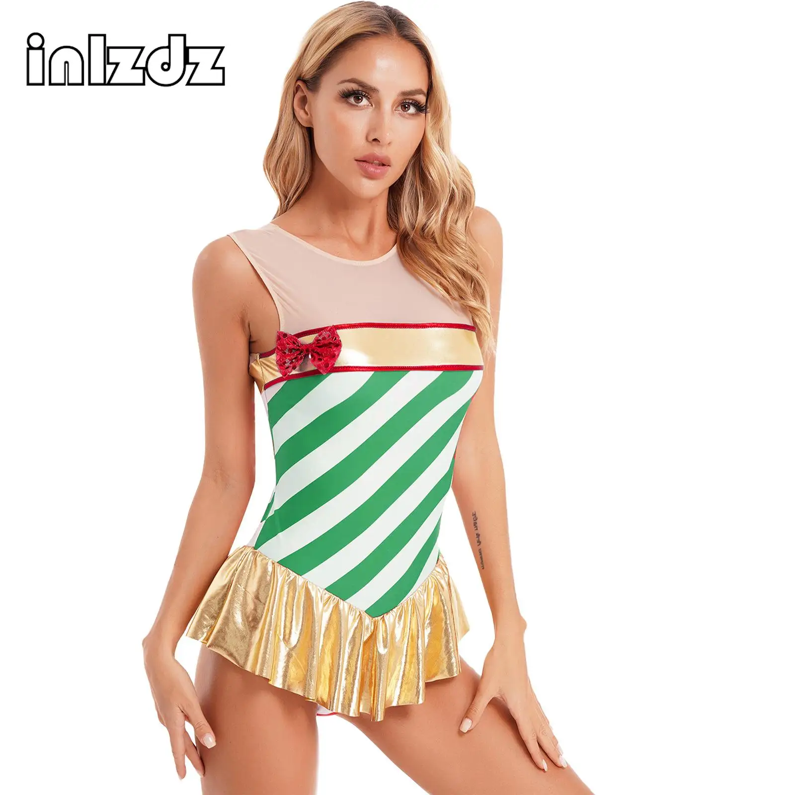 

Womens Striped Candy Cane Christmas Dance Dress Santa Claus Performance Costume Sleeveless Ruffled Leotard Dresses Dancewear