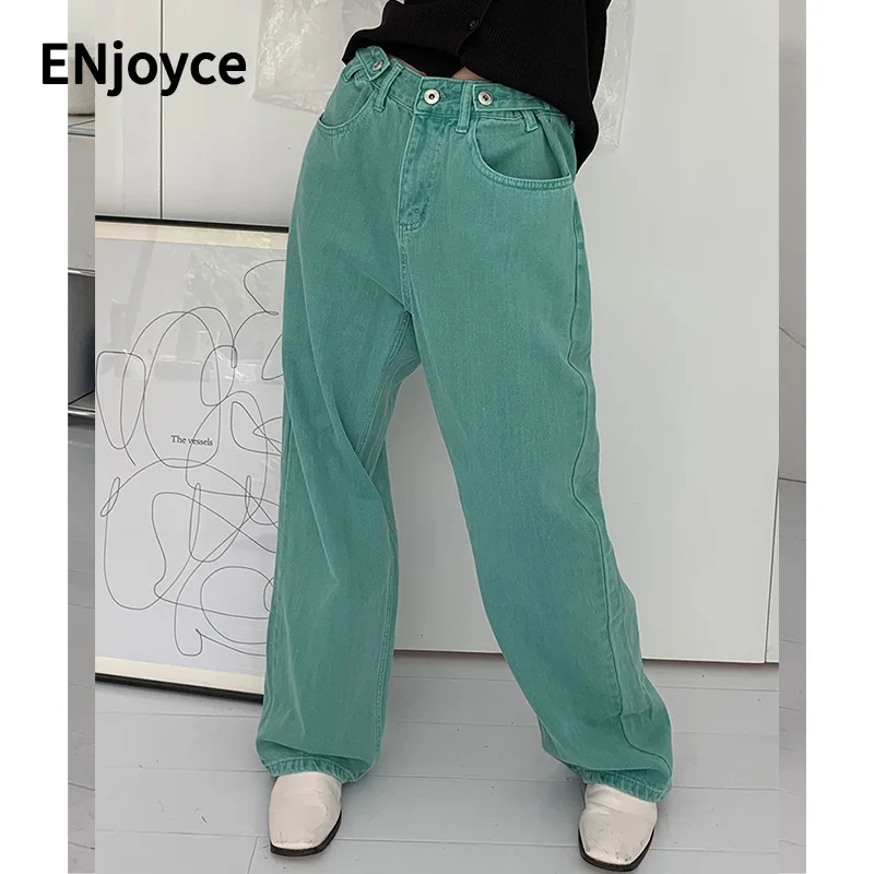 Women Vintage Colorful Adjustable High Waist Jeans Spring Fall Ladies Loose Denim Baggy Pants Y2K Streetwear Wide Leg Trousers