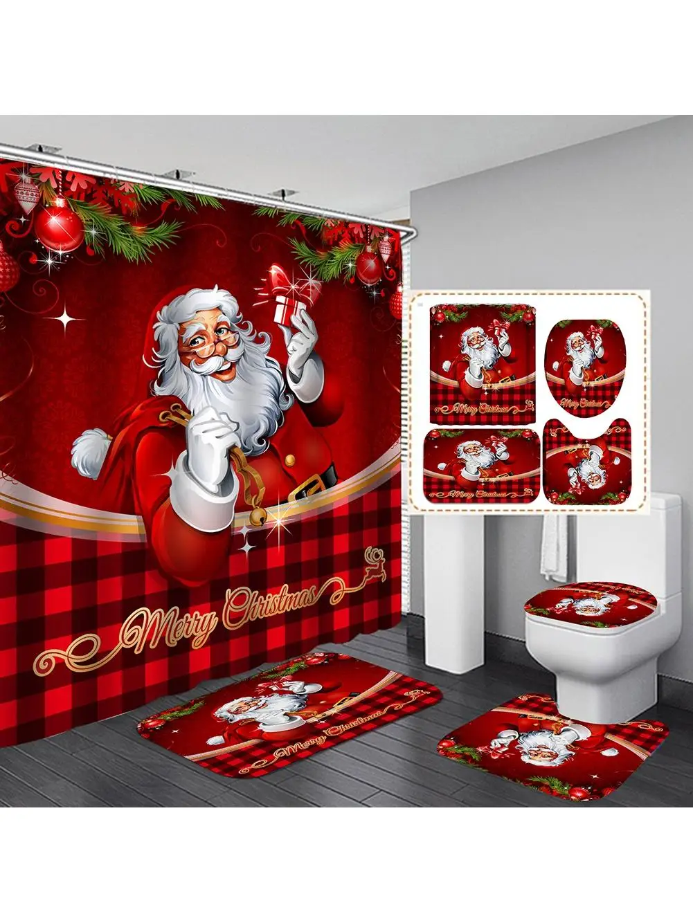 Christmas Bathroom Shower Curtain 4Pcs Set Snowman Santa Claus Pattern Waterproof Shower Curtain Toilet Cover Mat Non Slip Rug