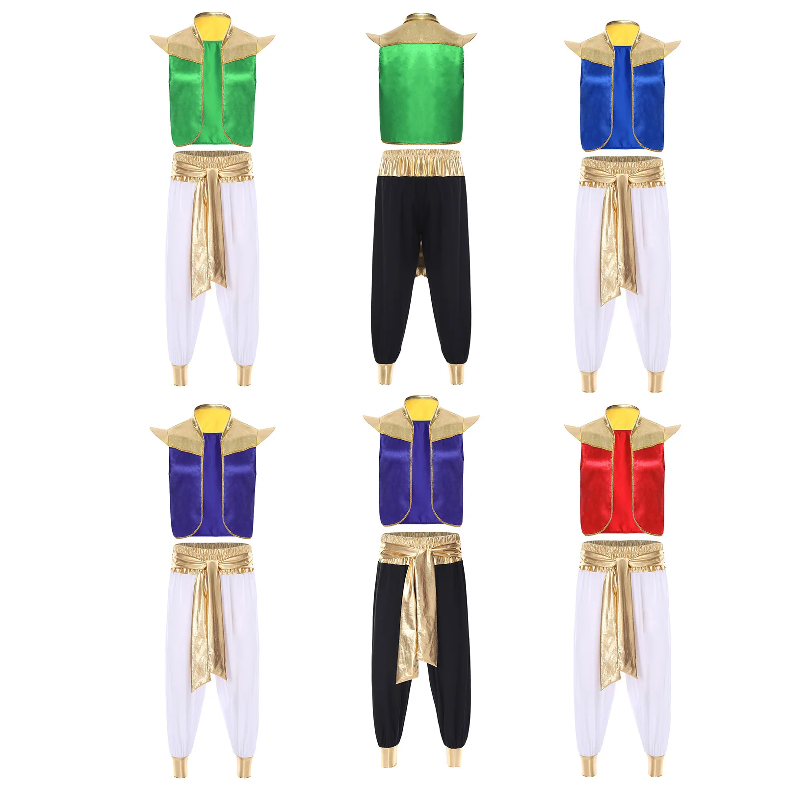 أزياء تنكرية للرجال للهالوين كرنفال الأمير العربي بأكمام طويلة سترة أمامية مفتوحة وسراويل طويلة لشخصية المصباح السحري