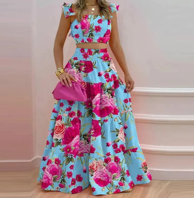 

Skirt Y2k Two Piece Set Womans Clothing New Spring/Summer Elegant Sexy Collage Sleeveless Top and Longuette Suits Female