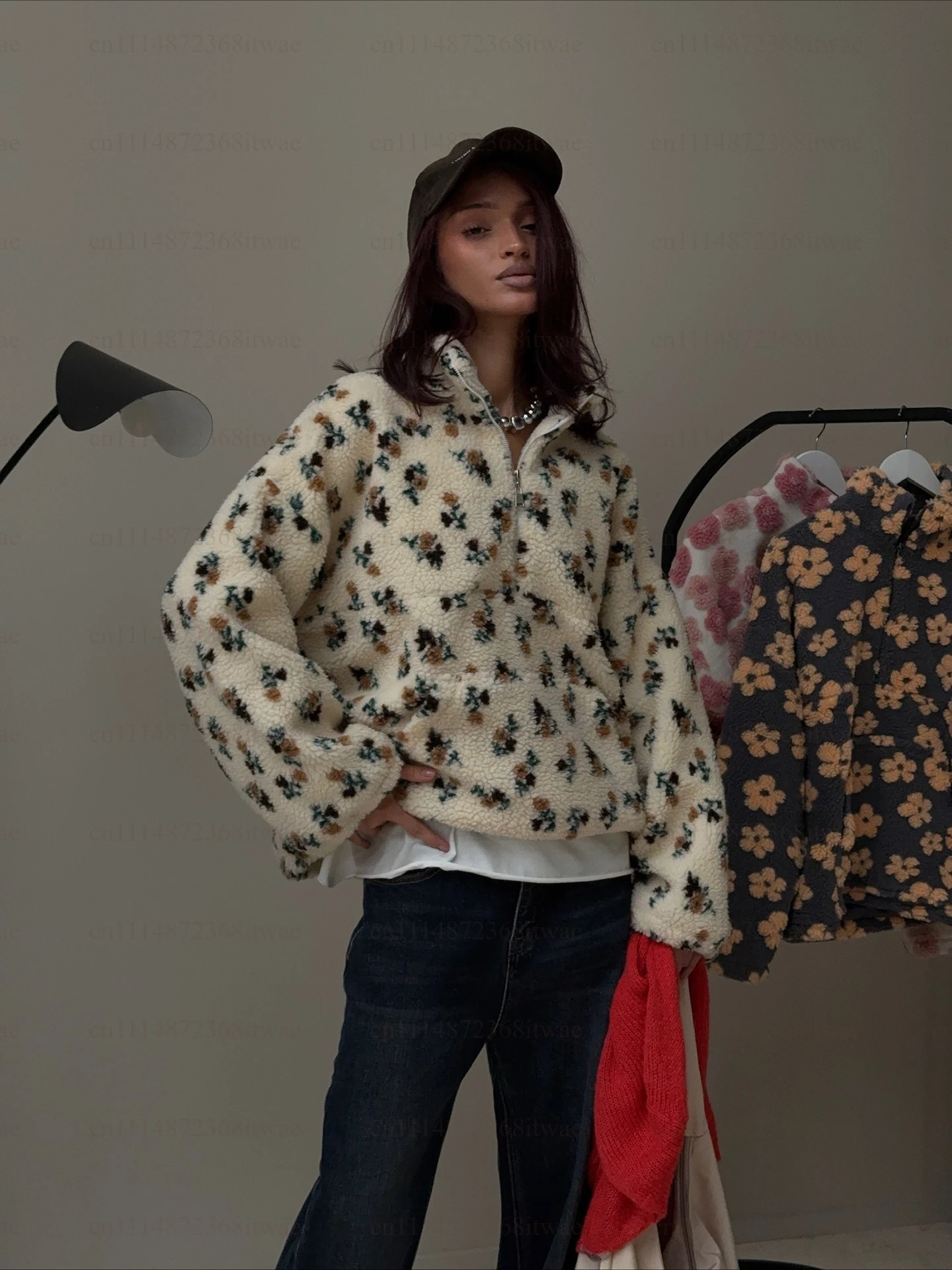 Women's Sweatshirt Flower Fleece Half Zipper Lapel Sweater Thickened with Lining Warm Flower Pattern Top for Autumn Winter