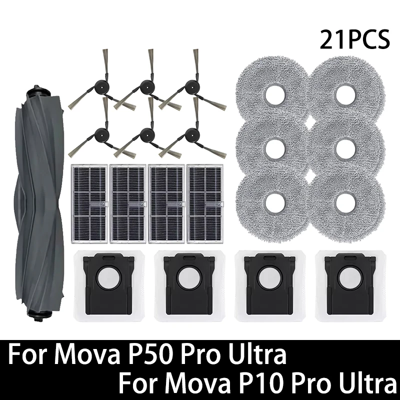 Reserveonderdelen voor Mova P50 Pro Ultra / Mova P10 Pro Ultra robotstofzuiger: hoofdborstel, zijborstel, HEPA-filter, dweil, stofzak, accessoires
