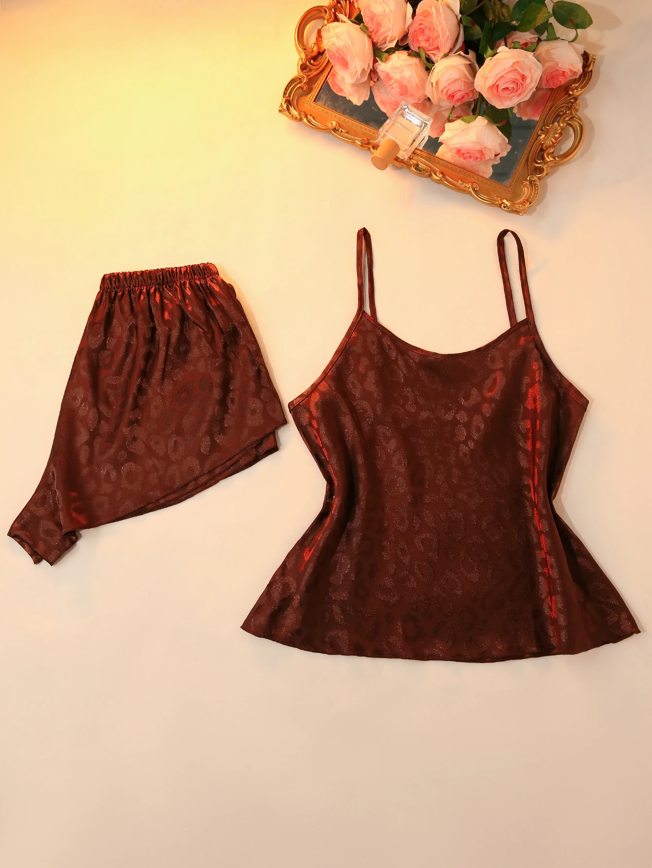 Elegant Brown Leopard Print Pajama Set for Women top and Shorts Nightwear 2 Piece Sleepwear Homewear for Summer