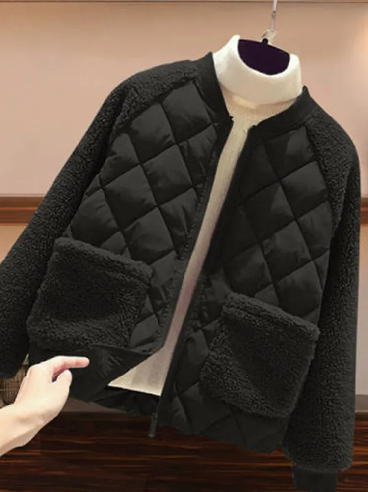 

Lightweight Long Sleeve Cotton Jacket Women's Winter Korean Style Short Retro Lamb Fur Splicing Cotton Coat plus Size