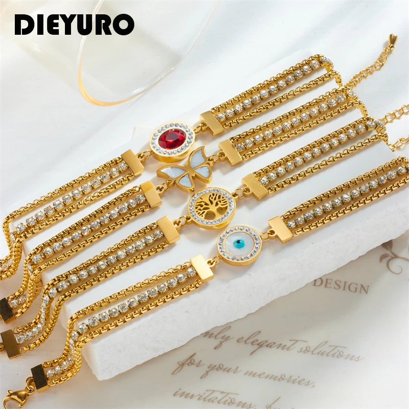 DIEYURO-pulsera de Ojos de mariposa de piedra roja de acero inoxidable 316L para mujer y niña, cadena multicapa, regalo de joyería para fiesta, nueva tendencia