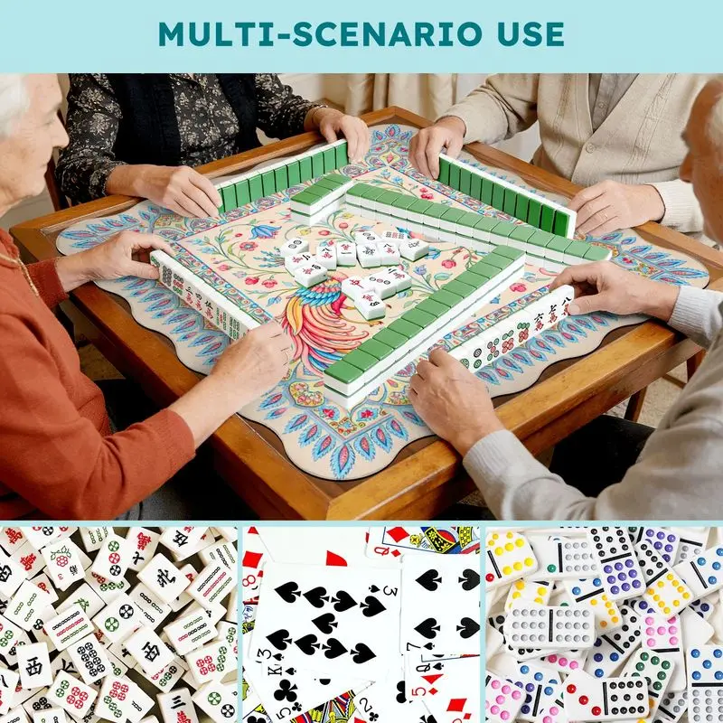 VIKAMA Retro Exotic Double Peacock Mahjong-Matte, rutschfeste, geräuschreduzierende quadratische Tischmatte, Mahjong-Tischspiel, Heimdekoration – Detail 3