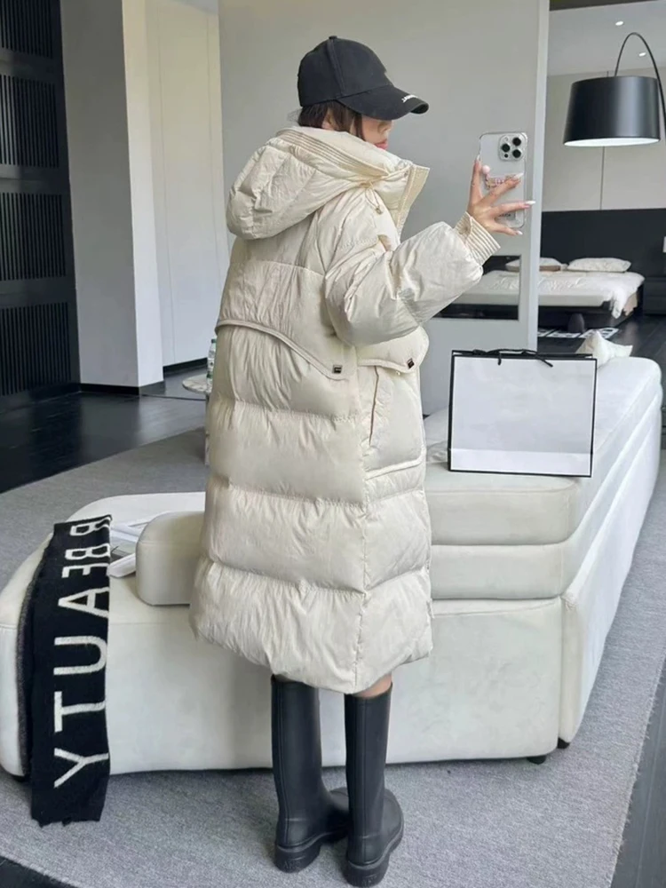 الشتاء طويل جيب كبير مقنعين أسفل سترة الإناث سميكة الدافئة باركر أبلى النساء الأبيض بطة أسفل مقاوم للماء طول الركبة السترات