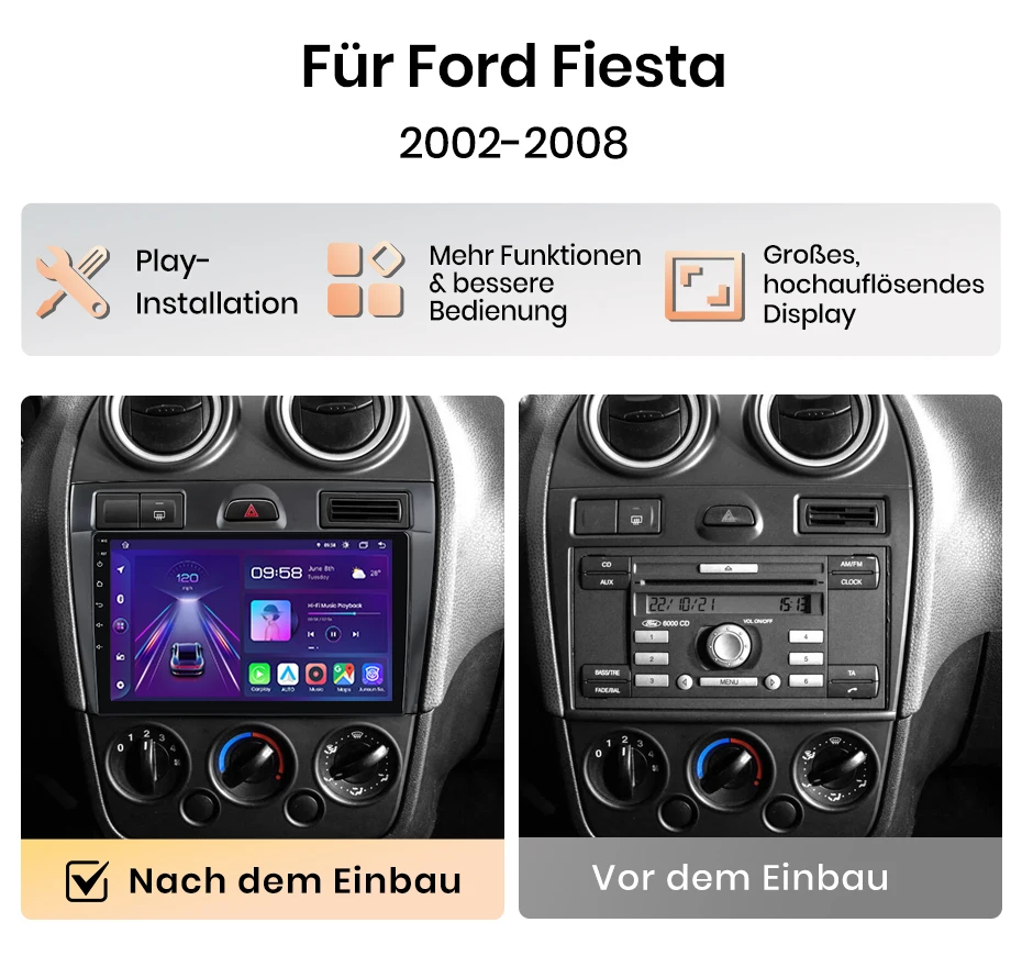 Junsun 9-Zoll Android 15 Autoradio für Ford Fiesta 2002-2008, kabelloses Apple CarPlay, Auto-IPS-Touchscreen, Stereo-Multimedia-Videoplayer, intelligente Fahrzeugsysteme, 2-DIN-Autoradio-Haupteinheit, GPS-Navigation, BT 4G WIFI, 8-Kern, FM AM DSP RDS SWC DAB+ – Detail 6