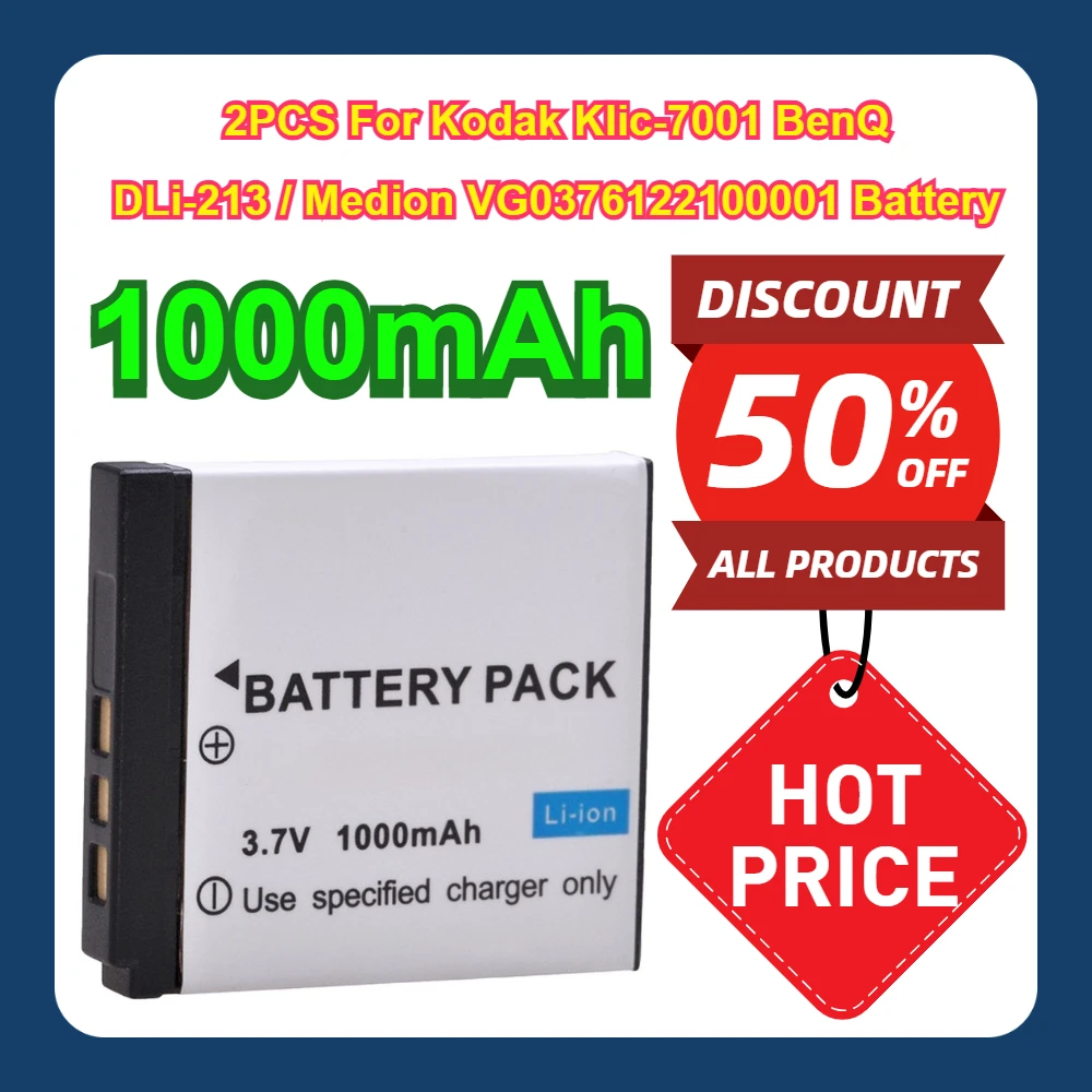 

2PCS 1000 mAh For Kodak Klic-7001 BenQ DLi-213 / Medion VG0376122100001 Battery