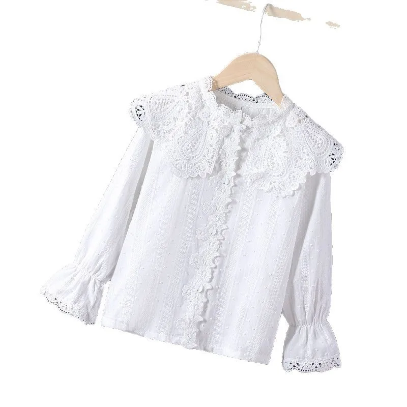 Peter Pan Collar Pure Cotton Blouse, Princess Casual Long Sleeve Shirt for Medium Big Girls 2026 Spring Fall New Arrival