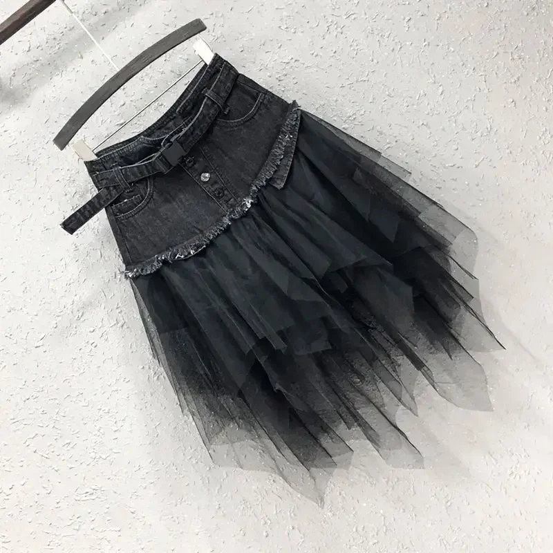 2025 Jesień Nowa Moda Damska Siatka Splicing Denim Spódnice Wysoka Talia A-line Nieregularna Długa Spódnica Moda Damska