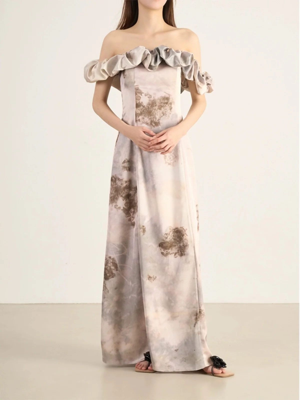 

Элегантное шикарное платье-макси Dr LANVIVIER с открытыми плечами, приталенное, с принтом и драпировкой, для весны и лета